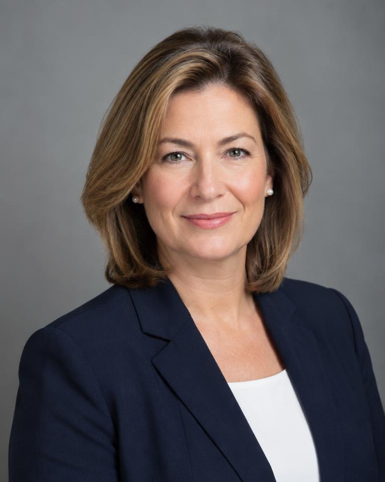 Portrait of Eleanor Whitfield, founding partner, in a navy suit