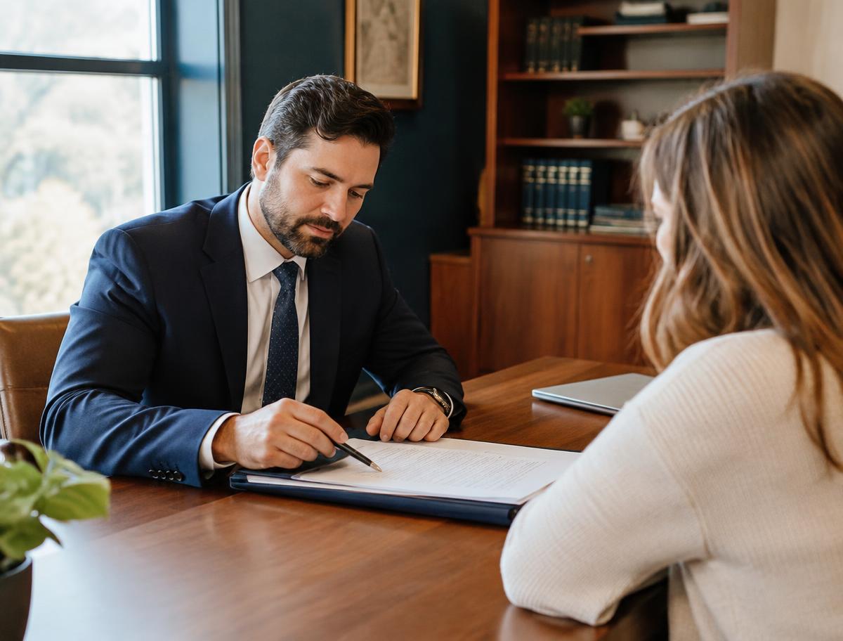 An attorney reviewing documents with a client at a wooden conference table